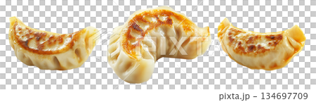 Pan-fried or steamed dumplings Jiaoz with golden crispy bottoms, isolated on white background, concept of Asian cuisine 134697709