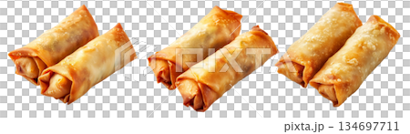 Crispy golden spring rolls with flaky texture shown isolated on white transparent background, Asian snack concept Crispy golden spring rolls with flaky texture shown isolated on white transparent background, Asian snack concept 134697711
