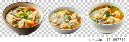 Steamed Dumplings served in hot Wonton Soup garnished with cilantro and scallions, isolated on white background 134697713