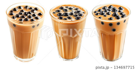 Creamy bubble milk tea with tapioca pearls in glass cup, isolated on white transparent background Creamy bubble milk tea with tapioca pearls in glass cup, isolated on white transparent background 134697715
