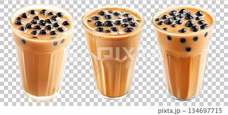Creamy bubble milk tea with tapioca pearls in glass cup, isolated on white transparent background Creamy bubble milk tea with tapioca pearls in glass cup, isolated on white transparent background 134697715