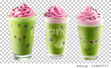 Iced matcha drink topped with pink whipped cream and chocolate bits, isolated on white transparent background Iced matcha drink topped with pink whipped cream and chocolate bits, isolated on white transparent background 134697717