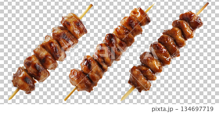 Grilled chicken yakitori skewer with teriyaki glaze or Isaw Filipino street food isolated on white transparent background 134697719