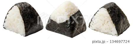 Japanese onigiri rice ball wrapped in nori seaweed, isolated on white transparent background, Asian cuisine concept 134697724