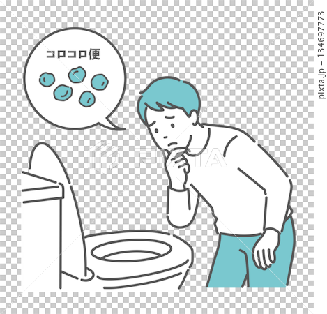Illustration of a man worried about his hard stool in the toilet (speech bubble, constipation) 134697773