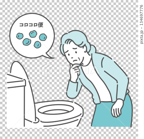 Illustration of an elderly woman worried about her hard stool in the toilet (speech bubble, constipation, care) Illustration of an elderly woman worried about her hard stool in the toilet (speech bubble, constipation, care) 134697776