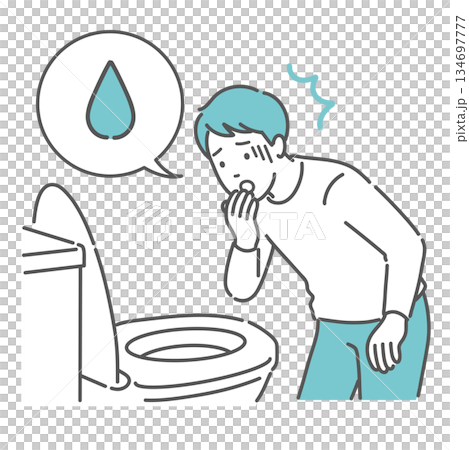 トイレで「血便・出血」を確認して驚愕する男性のイラスト（吹き出し・痔・大腸がん） 134697777