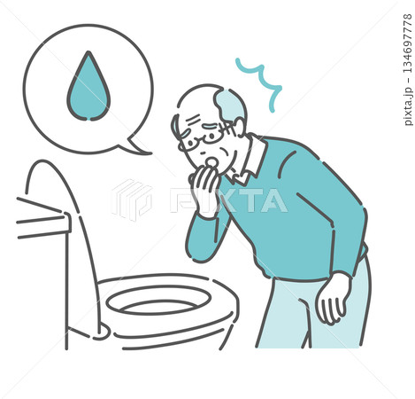 トイレで「血便・出血」を確認して驚愕する高齢男性のイラスト（吹き出し・大腸がん・血尿） 134697778