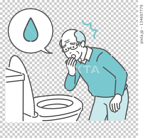 トイレで「血便・出血」を確認して驚愕する高齢男性のイラスト（吹き出し・大腸がん・血尿） 134697778