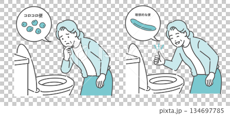 Illustration comparing stool condition (elderly woman, no hard stools vs. ideal stools, improved constipation) 134697785