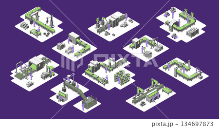 Cartoon Color Different Types Conveyor Line on a Platform Set Concept for Factory 3d Isometric View Line Elements. Vector illustration Cartoon Color Different Types Conveyor Line on a Platform Set Concept for Factory 3d Isometric View Line Elements. Vector illustration 134697873