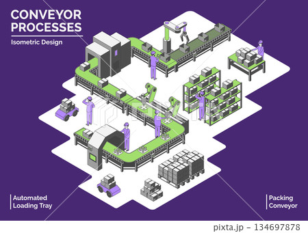 Cartoon Color Conveyor Processes Factory Concept 3d Isometric View Line Elements Automated Loading Tray and Pack Conveyor. Vector illustration 134697878