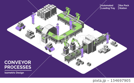 Cartoon Color Conveyor Processes Factory Concept 3d Isometric View Line Elements Box Pack Station and Automated Loading Tray. Vector illustration Cartoon Color Conveyor Processes Factory Concept 3d Isometric View Line Elements Box Pack Station and Automated Loading Tray. Vector illustration 134697905