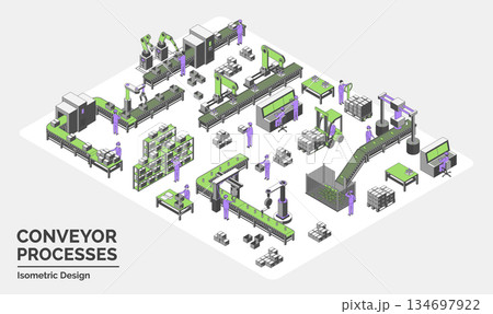 Cartoon Color Assembly Lines Conveyor Processes Factory with Male and Female Workers Concept 3d Isometric View Line Elements. Vector illustration 134697922