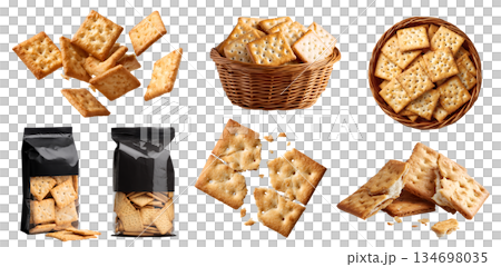 Set of crispy flat square crackers biscuit, baked thin snack staple food, rattan basket, takeaway bag package, stack pile broken, transparent cutout PNG. Many different Mockup 134698035
