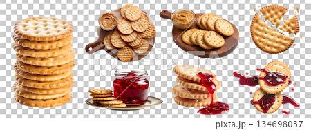 Set of circle round crackers, flat baked thin crispy biscuit snack staple food, jam dip, peanut butter spread, wooden serving board, stack pile broken, transparent cutout PNG 134698037