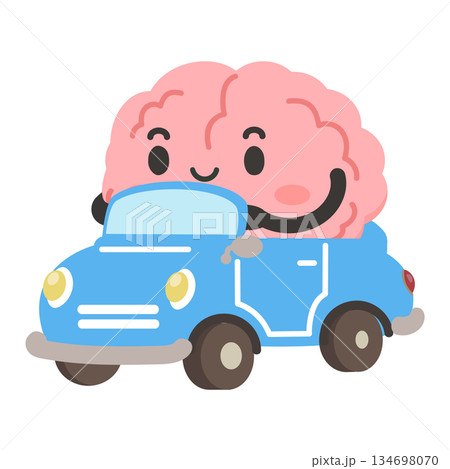 Cartoon Brain Driving a Blue Car 134698070