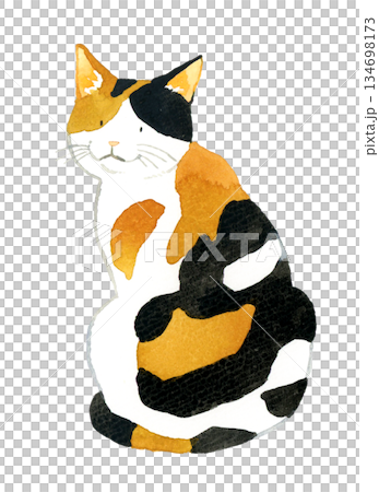 座って振り向いている三毛猫 ペット・動物の手描き水彩イラスト素材の