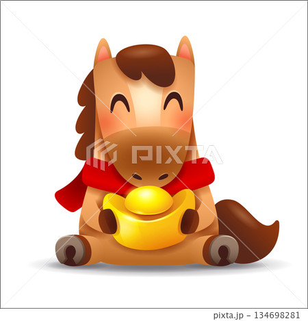 Cute Little Cartoon Horse with Red Scarf and Gold Ingot Chinese Zodiac 134698281