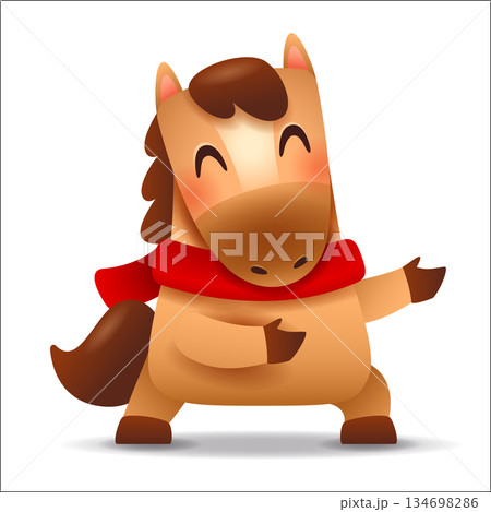 Cute Little Cartoon Horse with Red Scarf. Chinese Zodiac 134698286