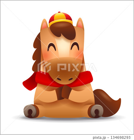 Cute Little Cartoon Horse with Red Scarf. Chinese Zodiac. Gong Xi Hand Gesture. Cute Little Cartoon Horse with Red Scarf. Chinese Zodiac. Gong Xi Hand Gesture. 134698293