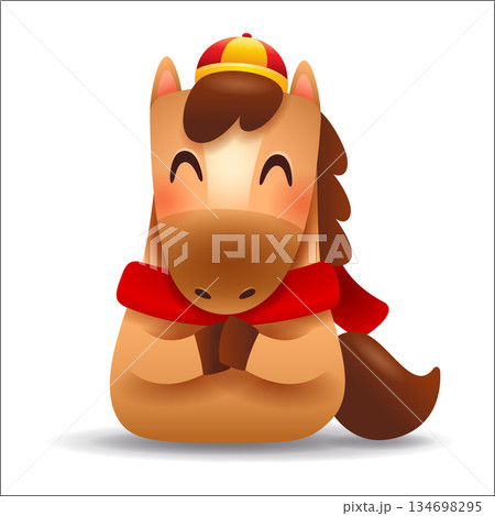 Cute Little Cartoon Horse with Red Scarf. Chinese Zodiac. Gong Xi Hand Gesture. 134698295