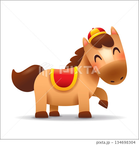Cute Little Cartoon Horse with Chinese Hat and Saddle. Chinese Zodiac 134698304