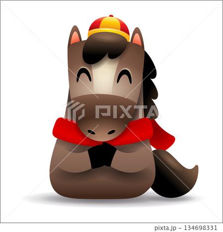 Cute Little Cartoon Horse with Red Scarf. Chinese Zodiac. Gong Xi Hand Gesture. 134698331