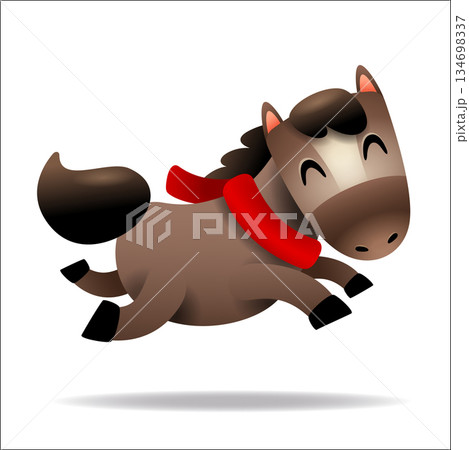 Cute Little Cartoon Horse with Red Scarf. Chinese Zodiac 134698337