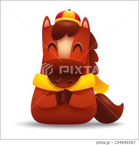 Cute Little Cartoon Horse with Scarf. Chinese Zodiac. Gong Xi Hand Gesture. 134698367