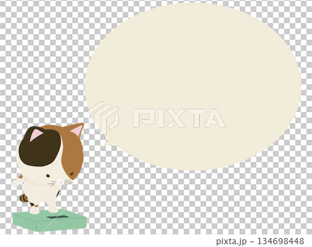 体重計に乗る三毛猫。吹き出し付き 体重計に乗る三毛猫。吹き出し付き 134698448