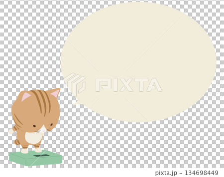 一隻棕色虎斑貓站在體重計上，旁邊有一個對話框。 134698449