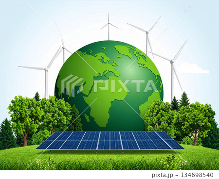 樹木、風力タービン、ソーラーパネルに囲まれた緑の惑星のイラスト 134698540
