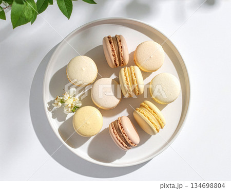 白いプレートに並べられた色とりどりのマカロンの真俯瞰、ミニマルスタイル、パステルカラー 134698804