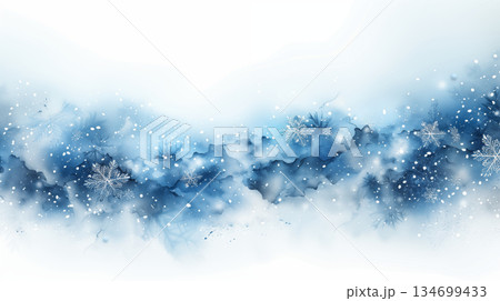 Ethereal winter background with delicate snowflakes and blue watercolor effect. Concept of seasonal beauty, frost, and holiday atmosphere. 134699433