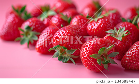 Fresh strawberries arranged on vibrant pink background. Concept of healthy eating and summer fruit harvest. 134699447