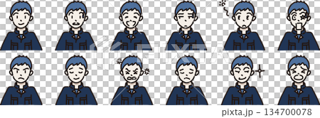 Illustrations of workers with various expressions in navy blue uniforms 134700078
