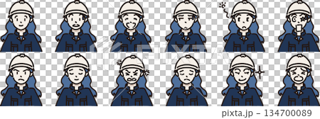 Illustration of a female worker with various expressions, wearing a helmet and navy uniform Illustration of a female worker with various expressions, wearing a helmet and navy uniform 134700089
