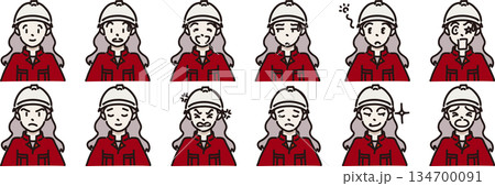 いろんな表情の女性作業者のイラスト ヘルメットあり赤制服 いろんな表情の女性作業者のイラスト ヘルメットあり赤制服 134700091