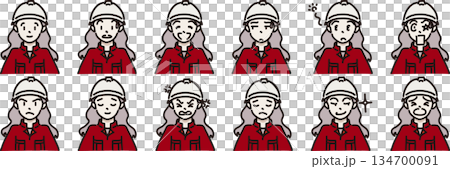 いろんな表情の女性作業者のイラスト ヘルメットあり赤制服 いろんな表情の女性作業者のイラスト ヘルメットあり赤制服 134700091