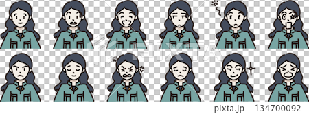 Illustration of a female worker with various expressions in a green uniform Illustration of a female worker with various expressions in a green uniform 134700092