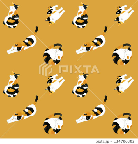 かわいい三毛猫のシームレスパターン　動物・ペットの手描き水彩イラスト背景素材 134700302