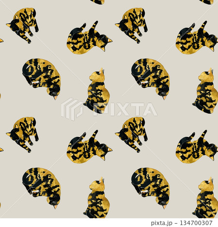 かわいいサビ猫のシームレスパターン　動物・ペットの手描き水彩イラスト背景素材 134700307