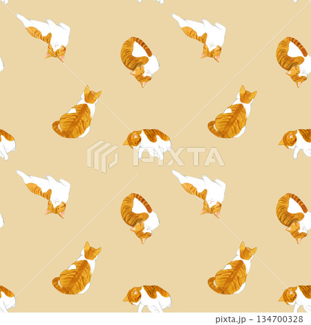 かわいい茶白猫のシームレスパターン　動物・ペットの手描き水彩イラスト背景素材 134700328
