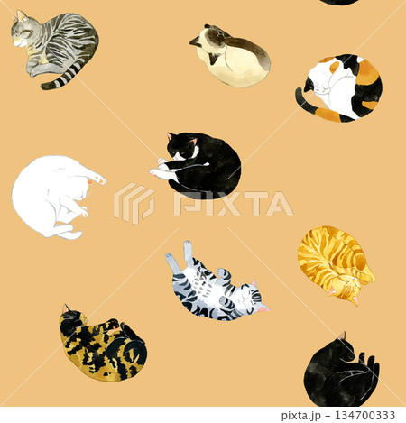 眠るかわいい猫のシームレスパターン　動物・ペットの手描き水彩イラスト背景素材 134700333
