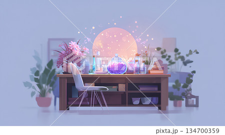 幻想的な錬金術の作業机 ファンタジーインテリア背景 134700359
