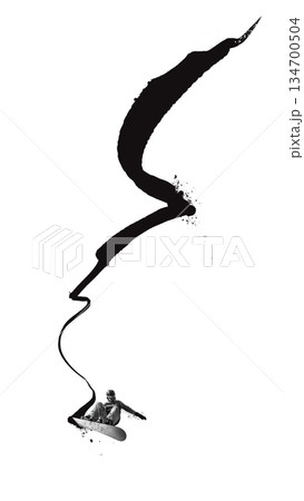 Dynamic monochrome design artwork of snowboarder with ink splashes. 134700504