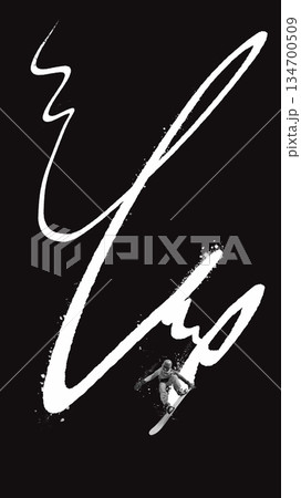 High contrast black and white design artwork of snowboarder jump. 134700509