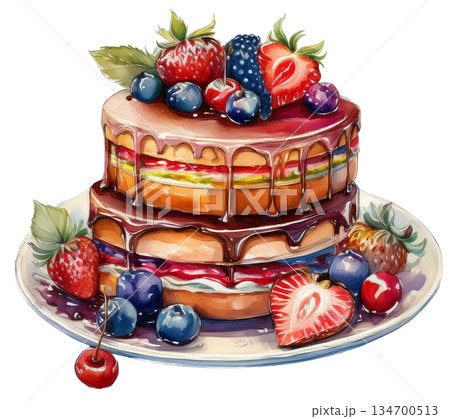 水彩画で描かれたいちごとブルーベリーの乗った2段ケーキのイラスト　透明な背景 134700513