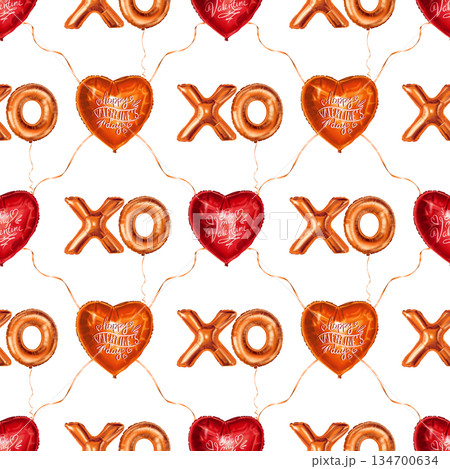 Foil XO letter and heart shaped balloons seamless pattern for Valentine Day. Hand drawn holiday element in red and gold on white background. Ideal for wrapping paper or romantic festive party design. 134700634